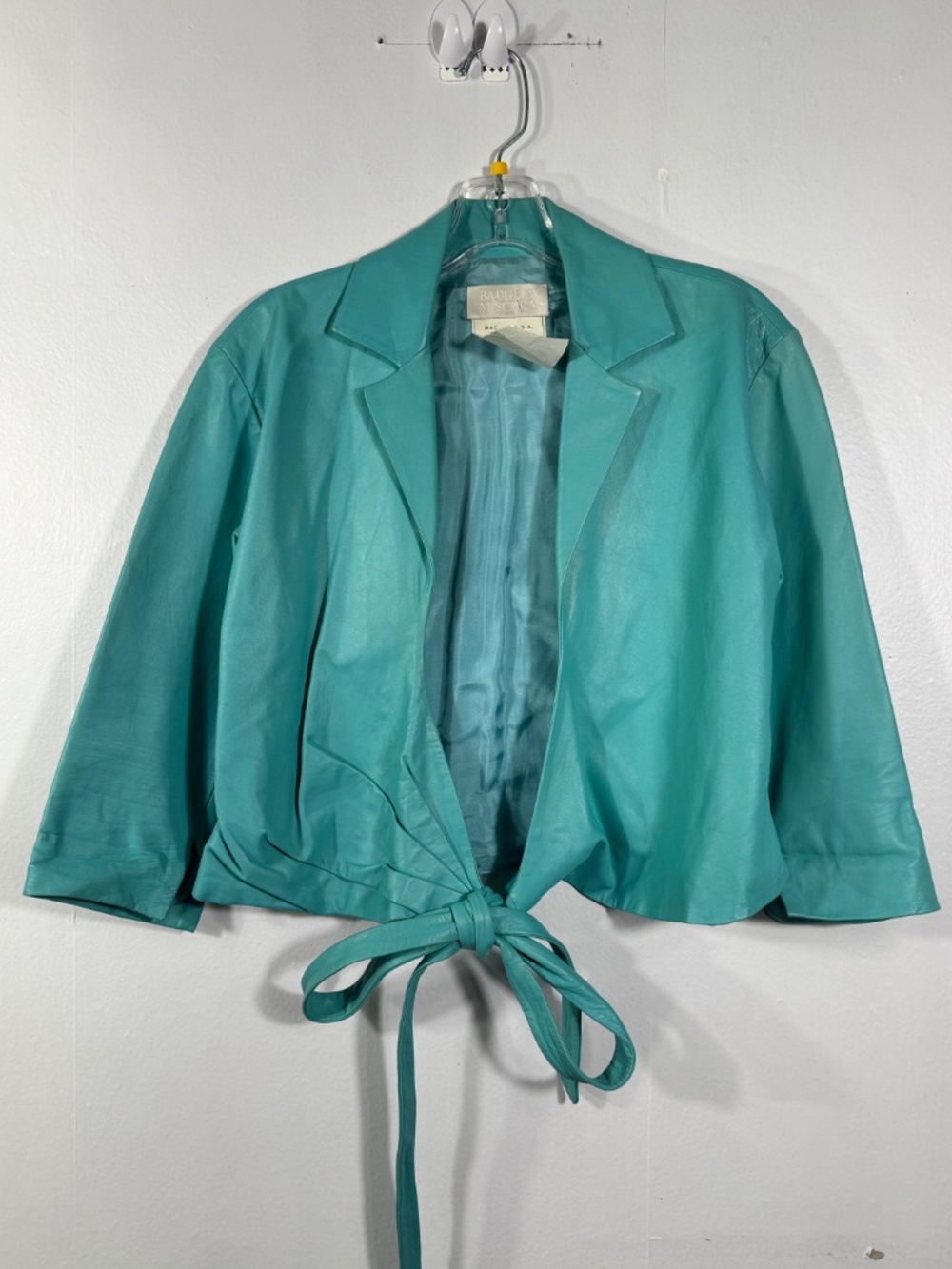 Badgley Mischka Vintage Teal Leather Jacket Silk‎ Lined Cropped Tie Waist Sz M/8